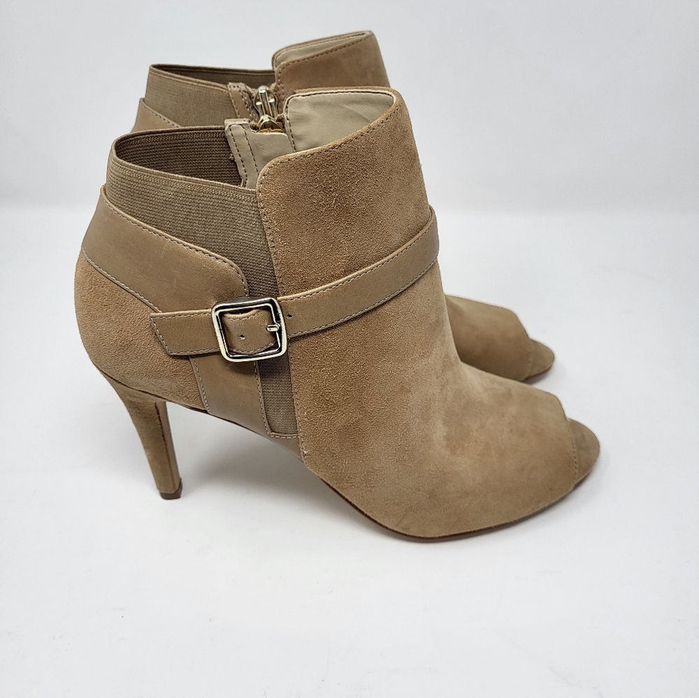 Marc Fisher QM Shimmee Leather Suede High Heel Open Toe Boots Booties Zip 9.5 M